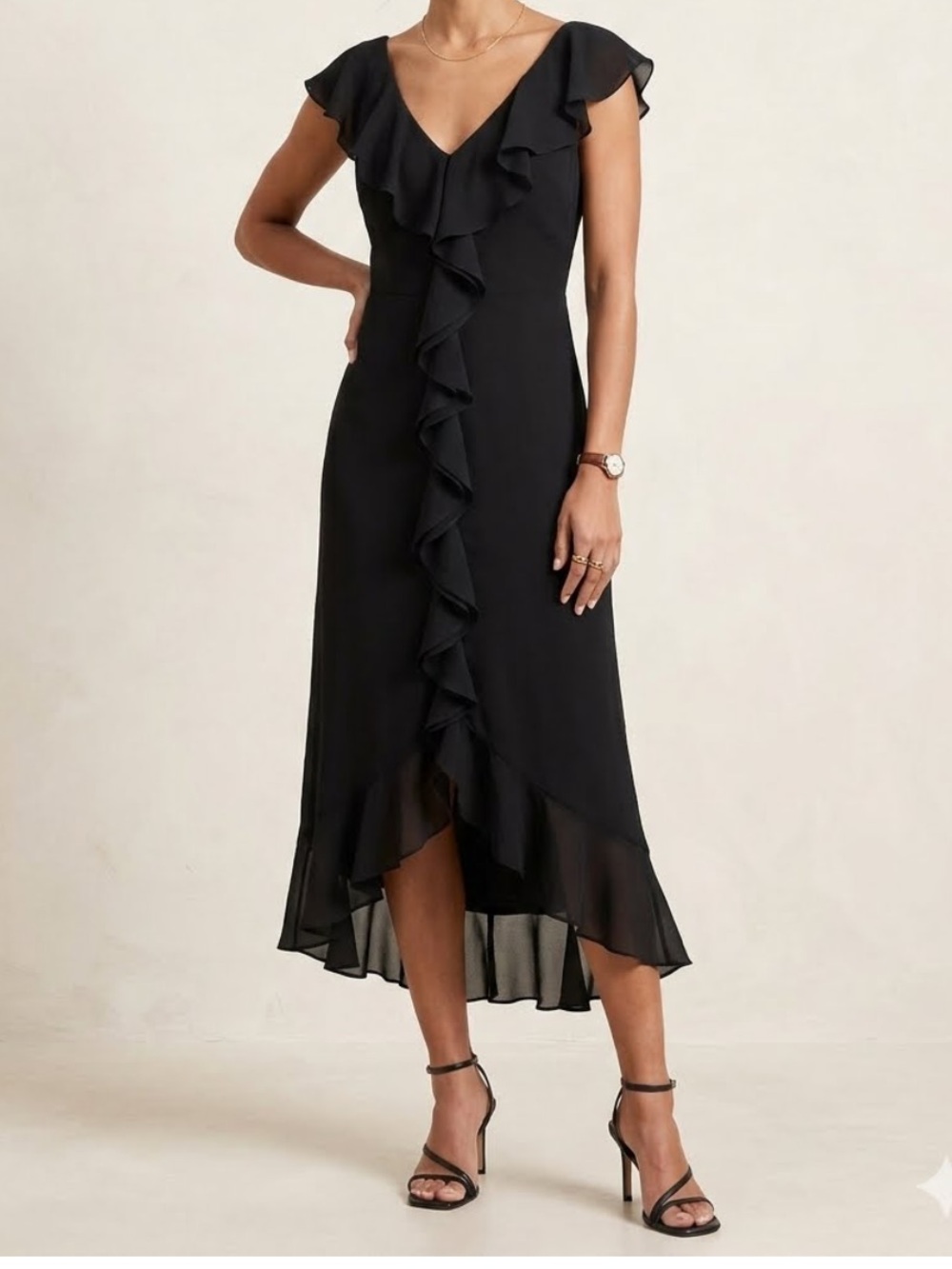DKNY Black Ruffle V-Neck Midi Dress Size 12